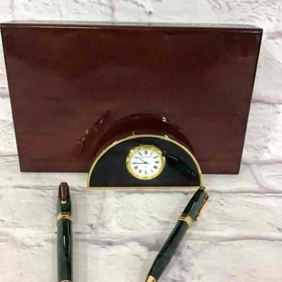 Reflections Black & Golden 2 Writing Pens and Desk Clock Set with Case - Picture 3 of 9